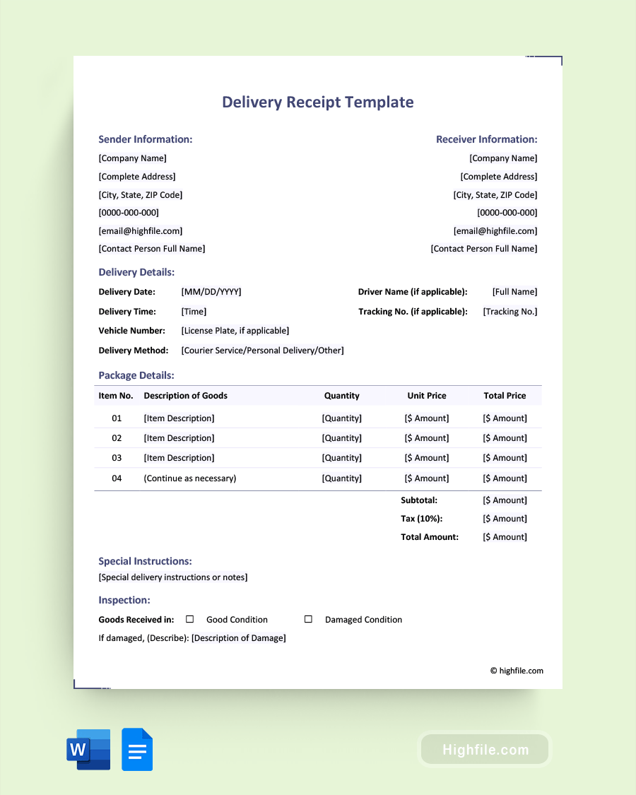Delivery Receipt Template - Word, Google Docs