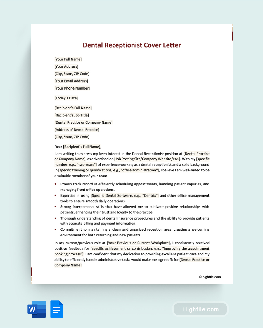 Dental Receptionist Cover Letter - Word, Google Docs