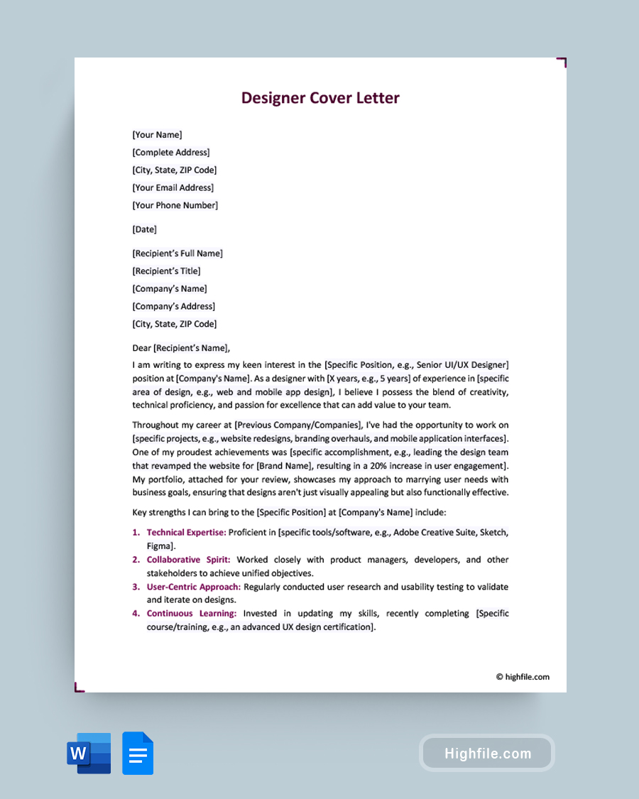 Designer Cover Letter - Word, Google Docs