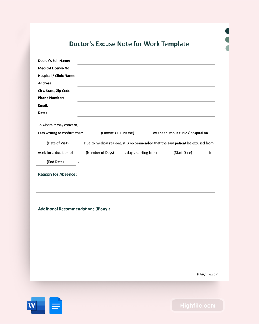 Doctor's Excuse Note for Work Template - Word, Google Docs