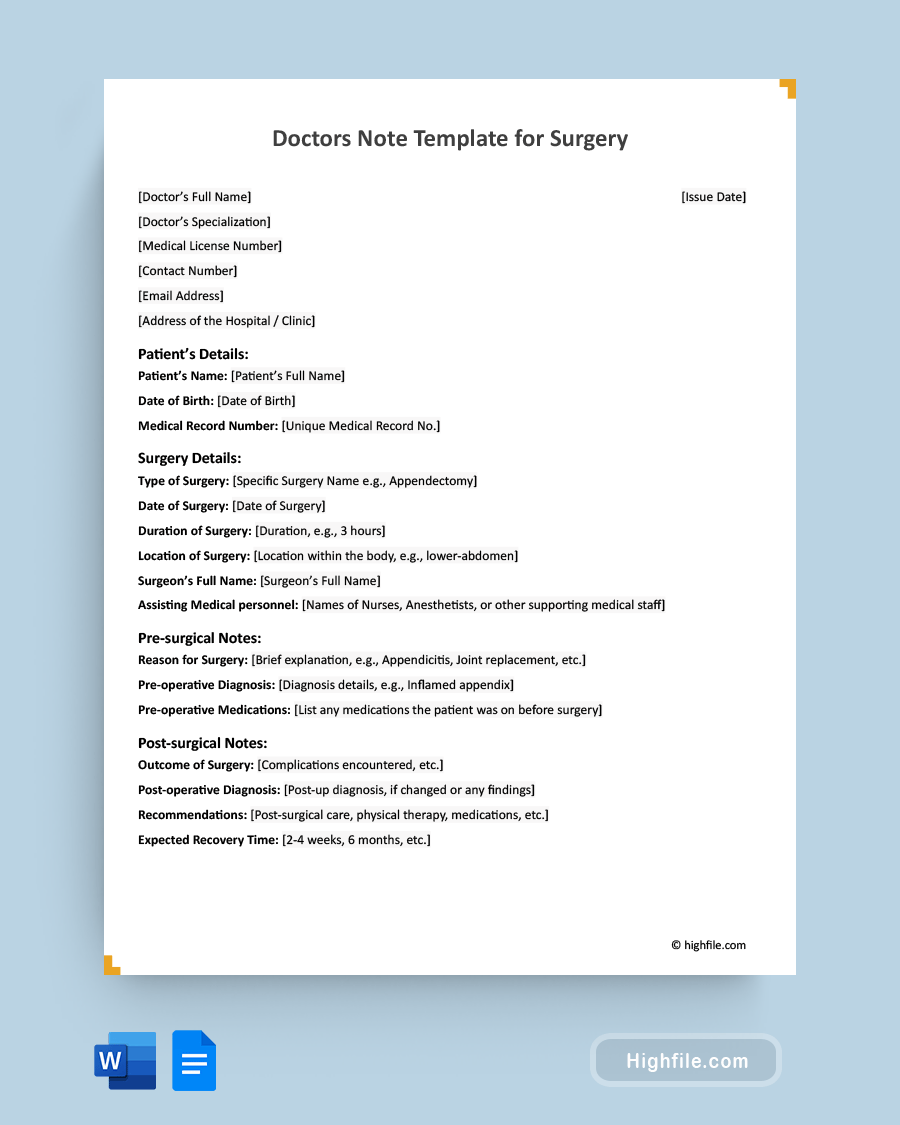 Doctors Note Template for Surgery - Word, Google Docs