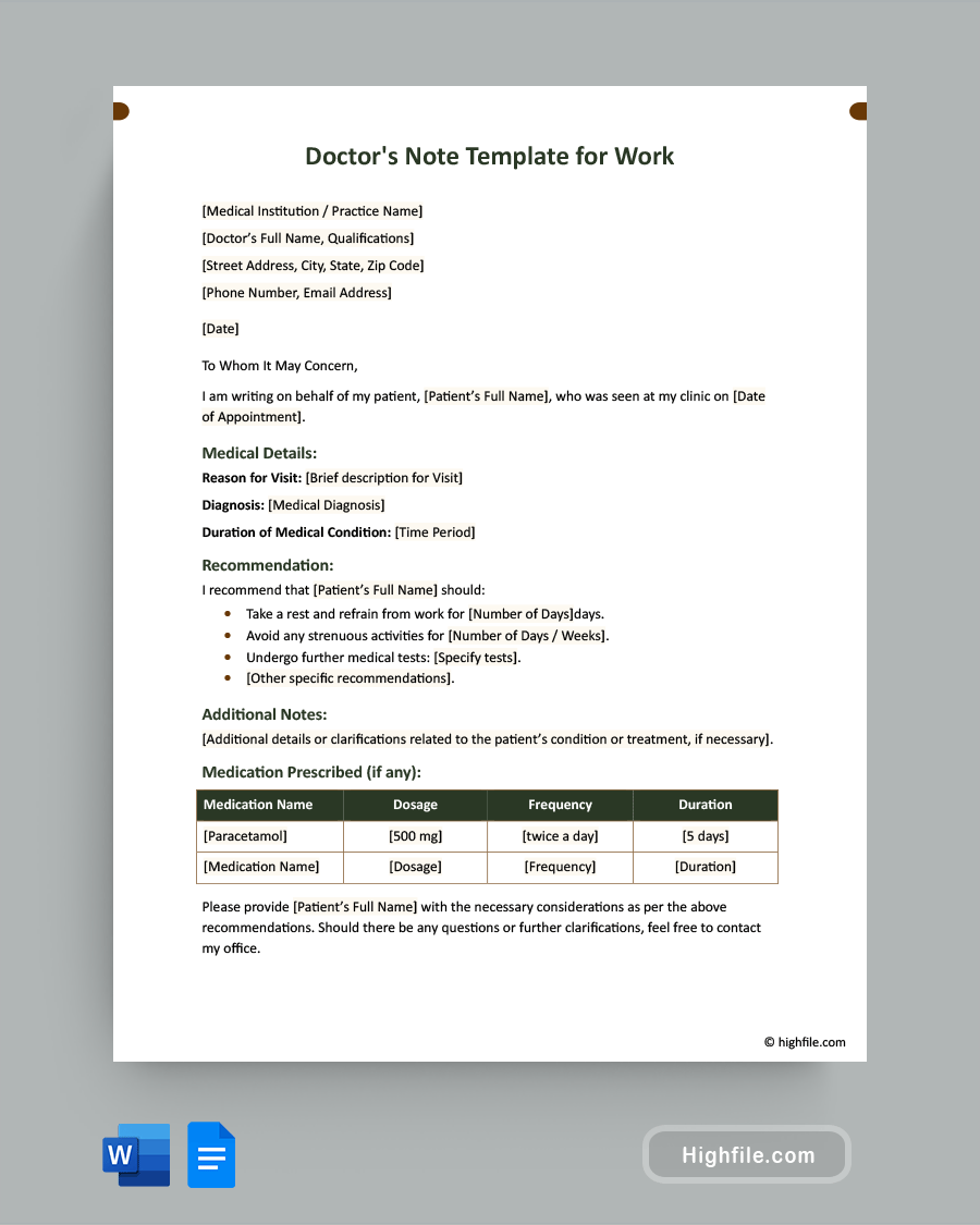 Doctor's Note Template for Work - Word, Google Docs