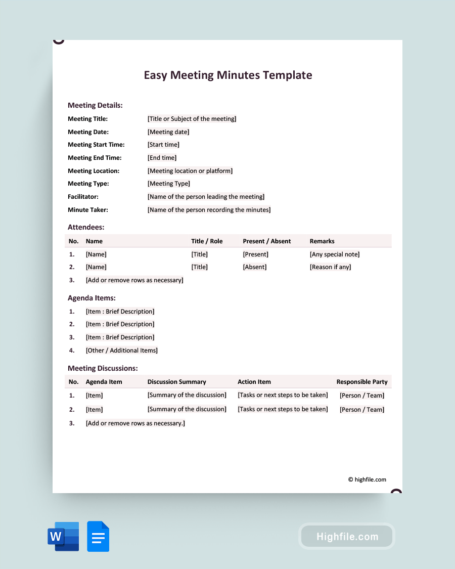 Easy Meeting Minutes Template - Word, Google Docs