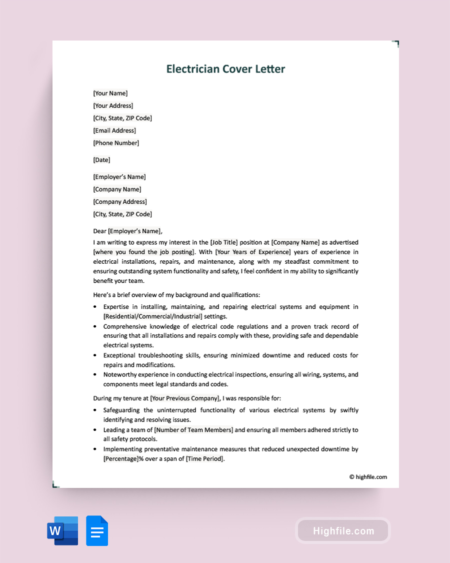 Electrician Cover Letter - Word, Google Docs