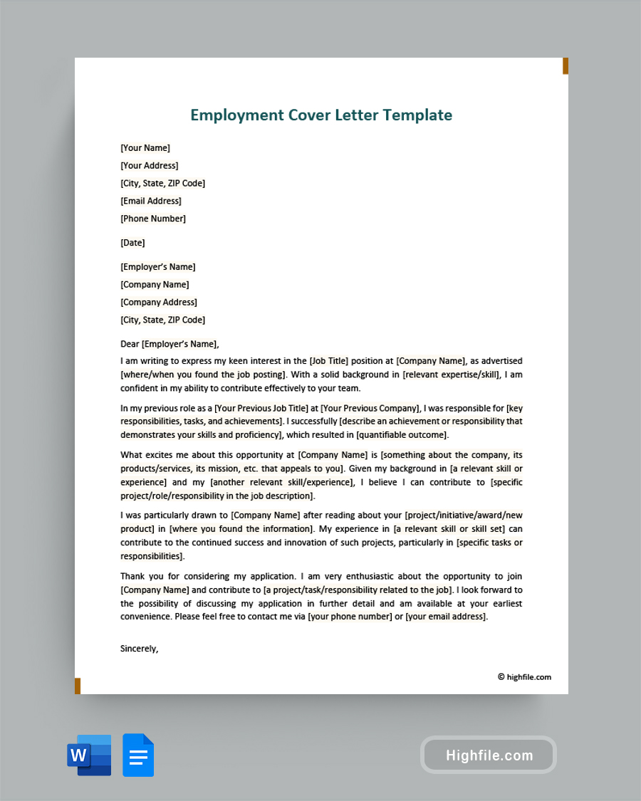 Employment Cover Letter Template - Word, Google Docs