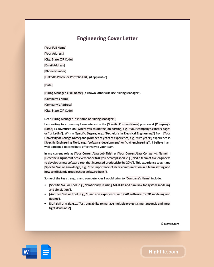Engineering Cover Letter - Word, Google Docs