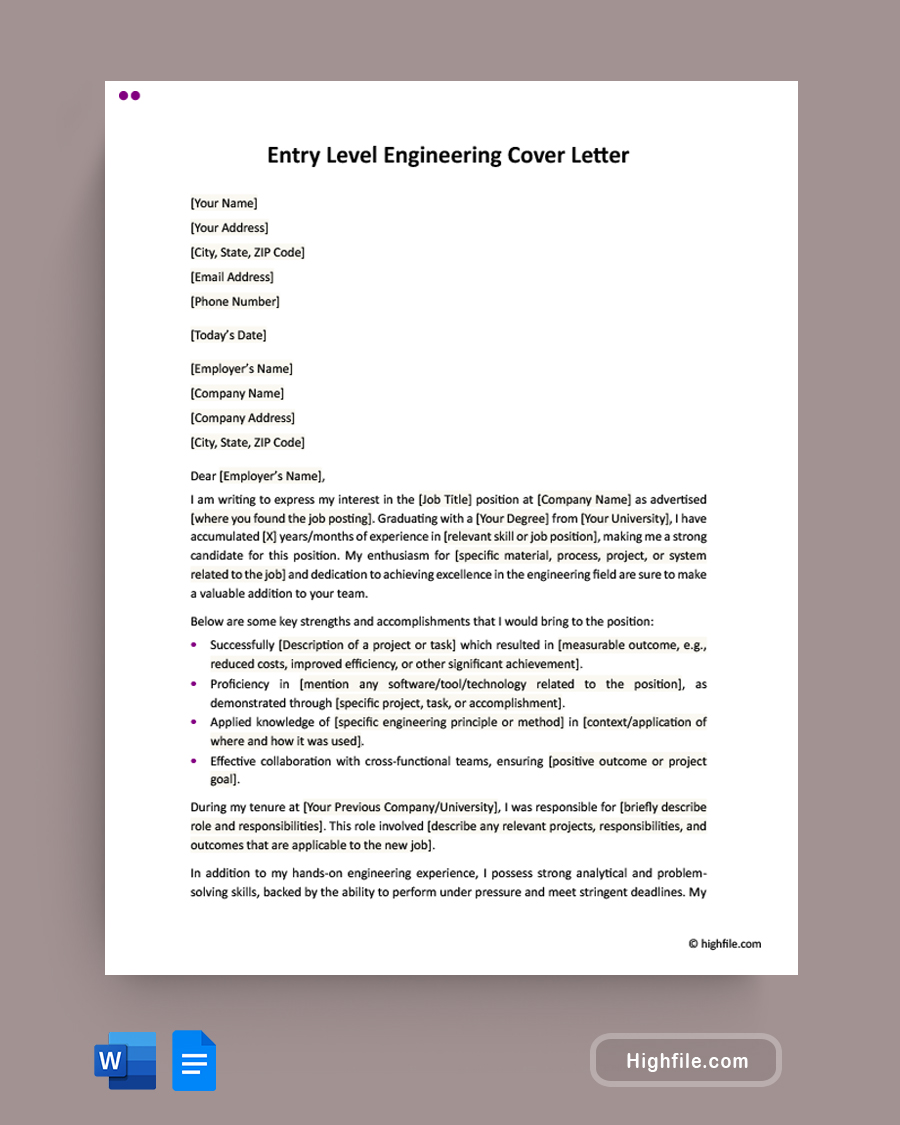Entry Level Engineering Cover Letter - Word, Google Docs