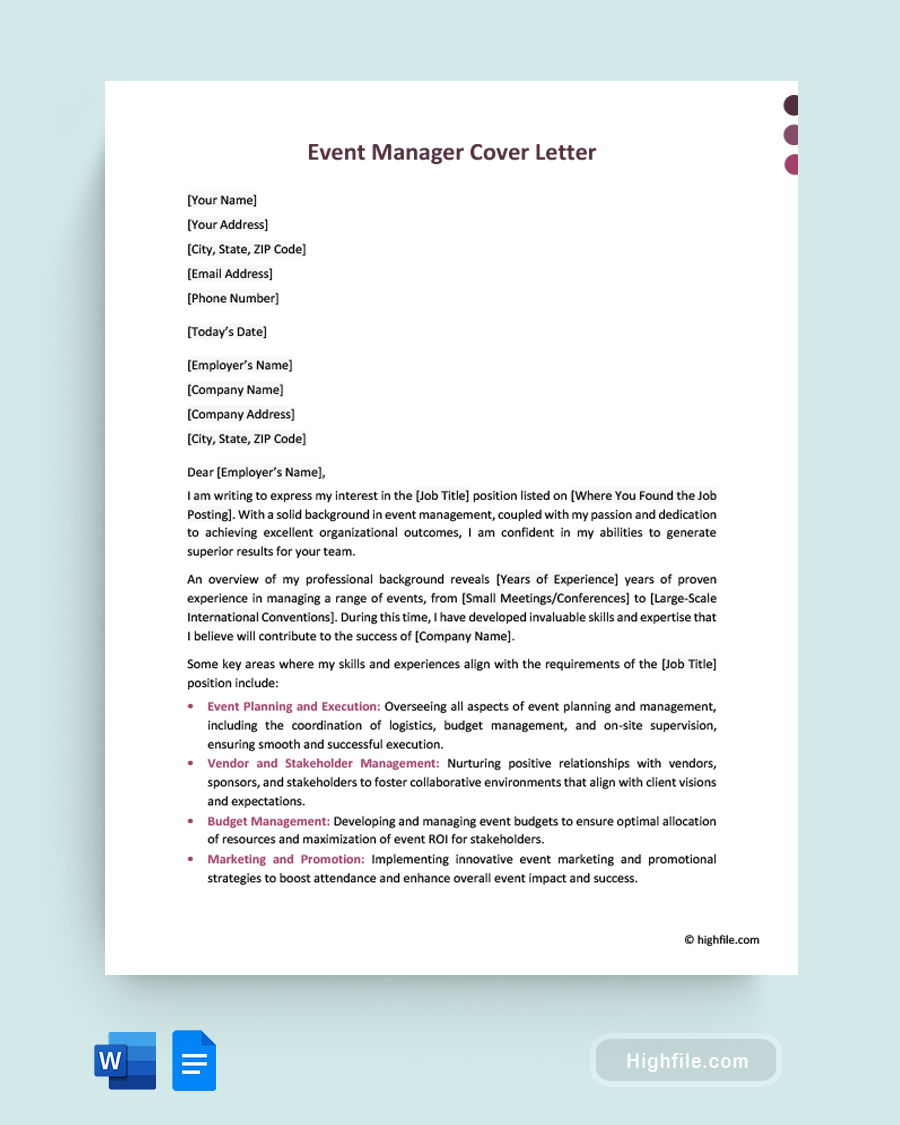 Event Manager Cover Letter - Word, Google Docs