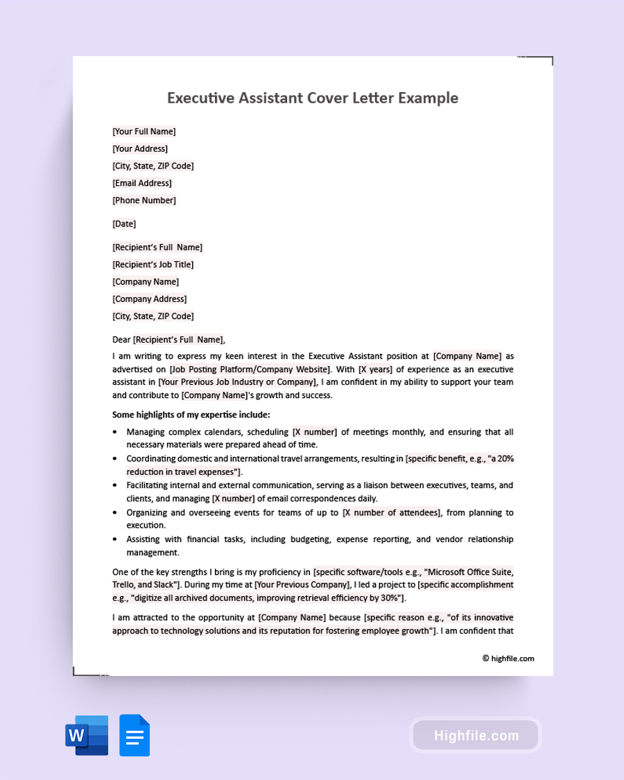 Executive Assistant Cover Letter Example - Word, Google Docs