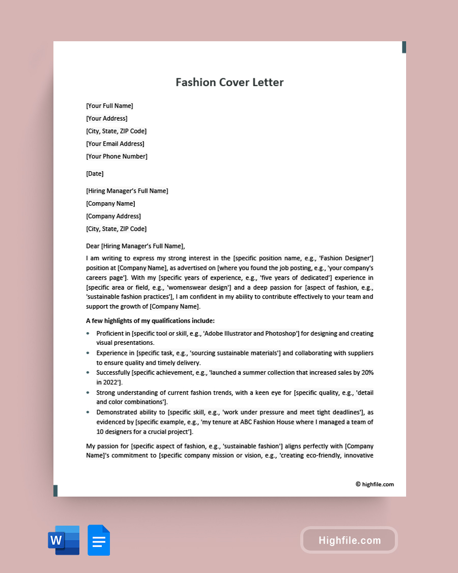 Fashion Cover Letter - Word, Google Docs