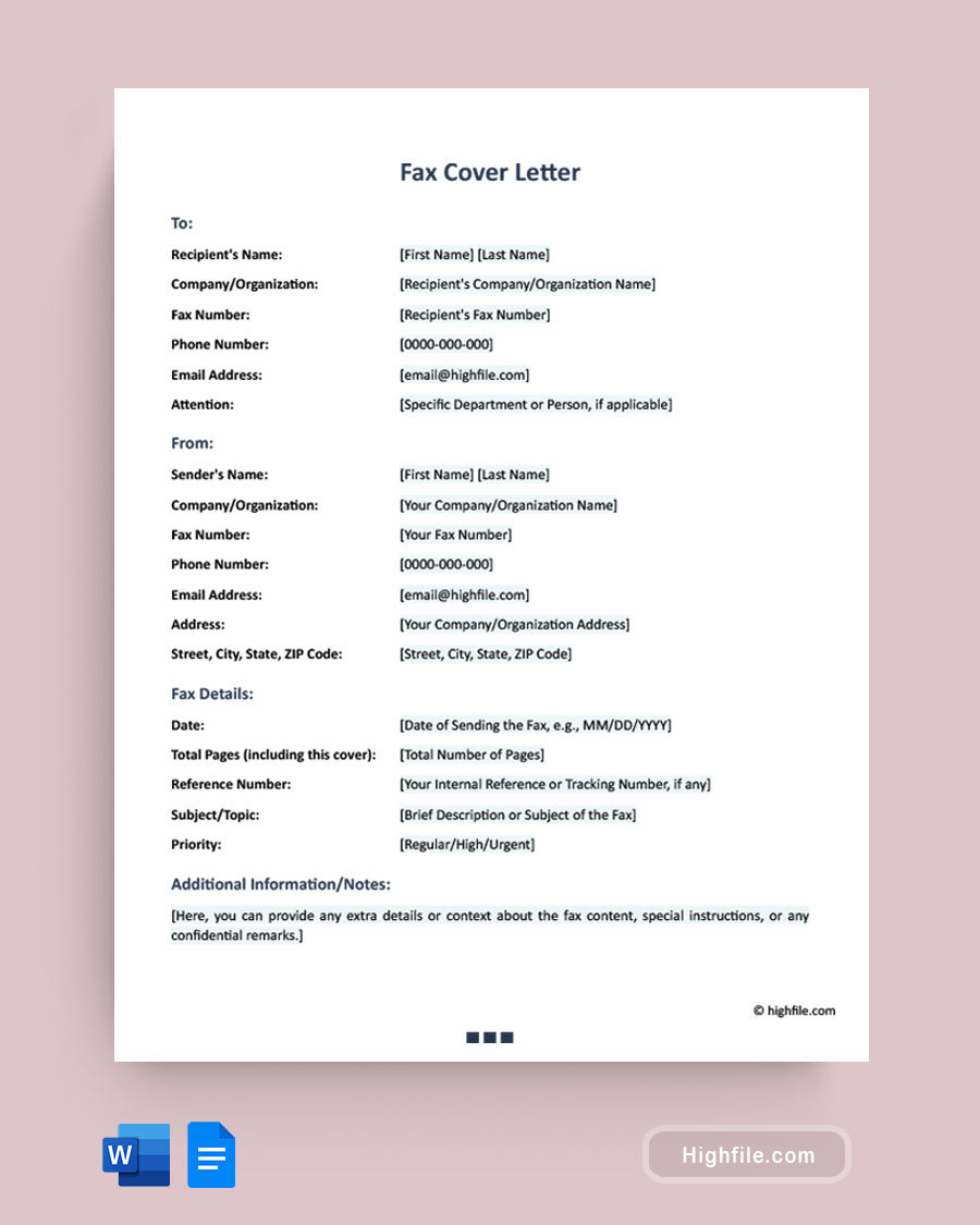 Fax Cover Letter - Word, Google Docs