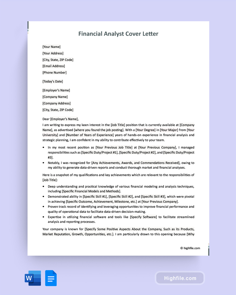 Financial Analyst Cover Letter - Word, Google Docs