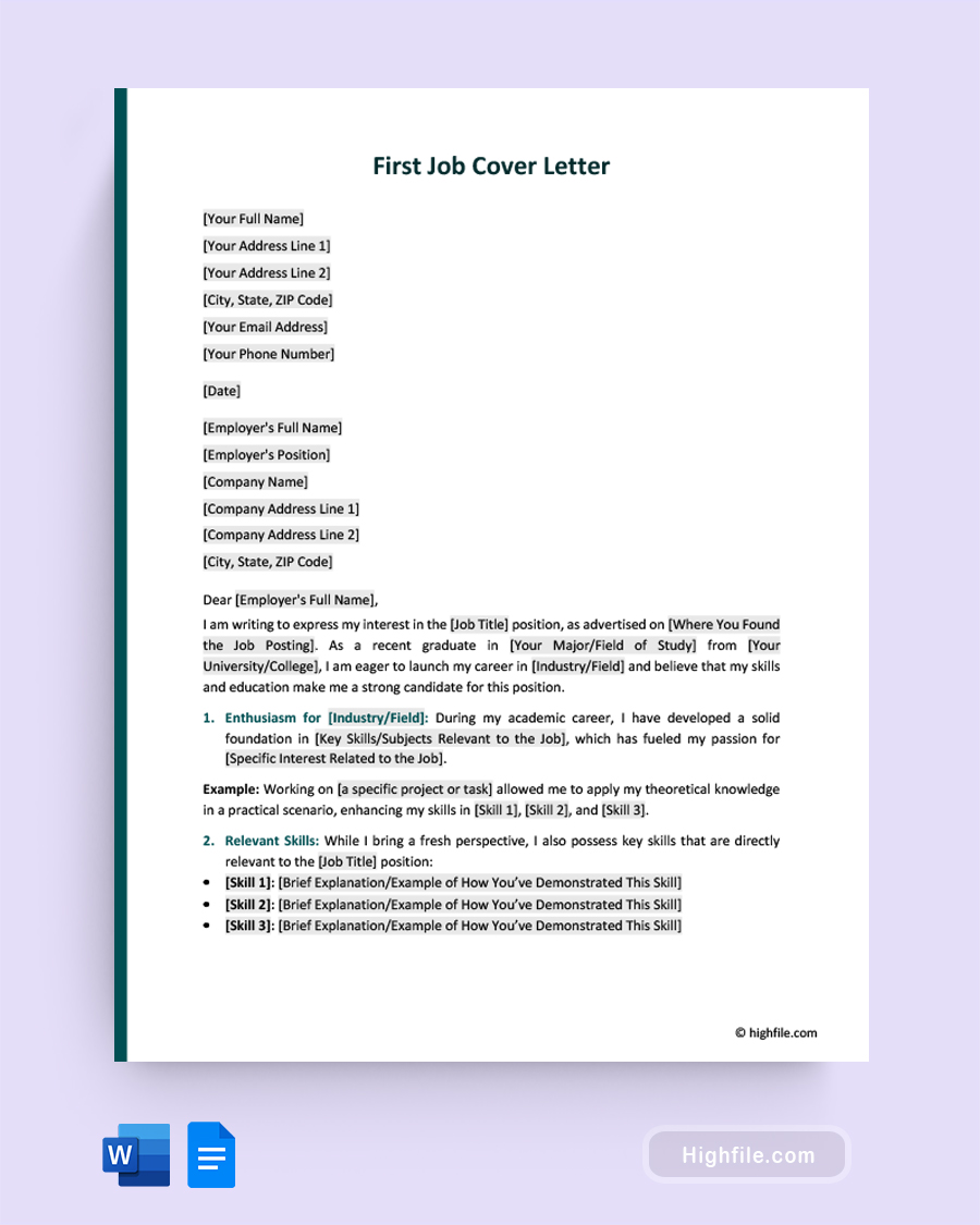 First Job Cover Letter - Word, Google Docs