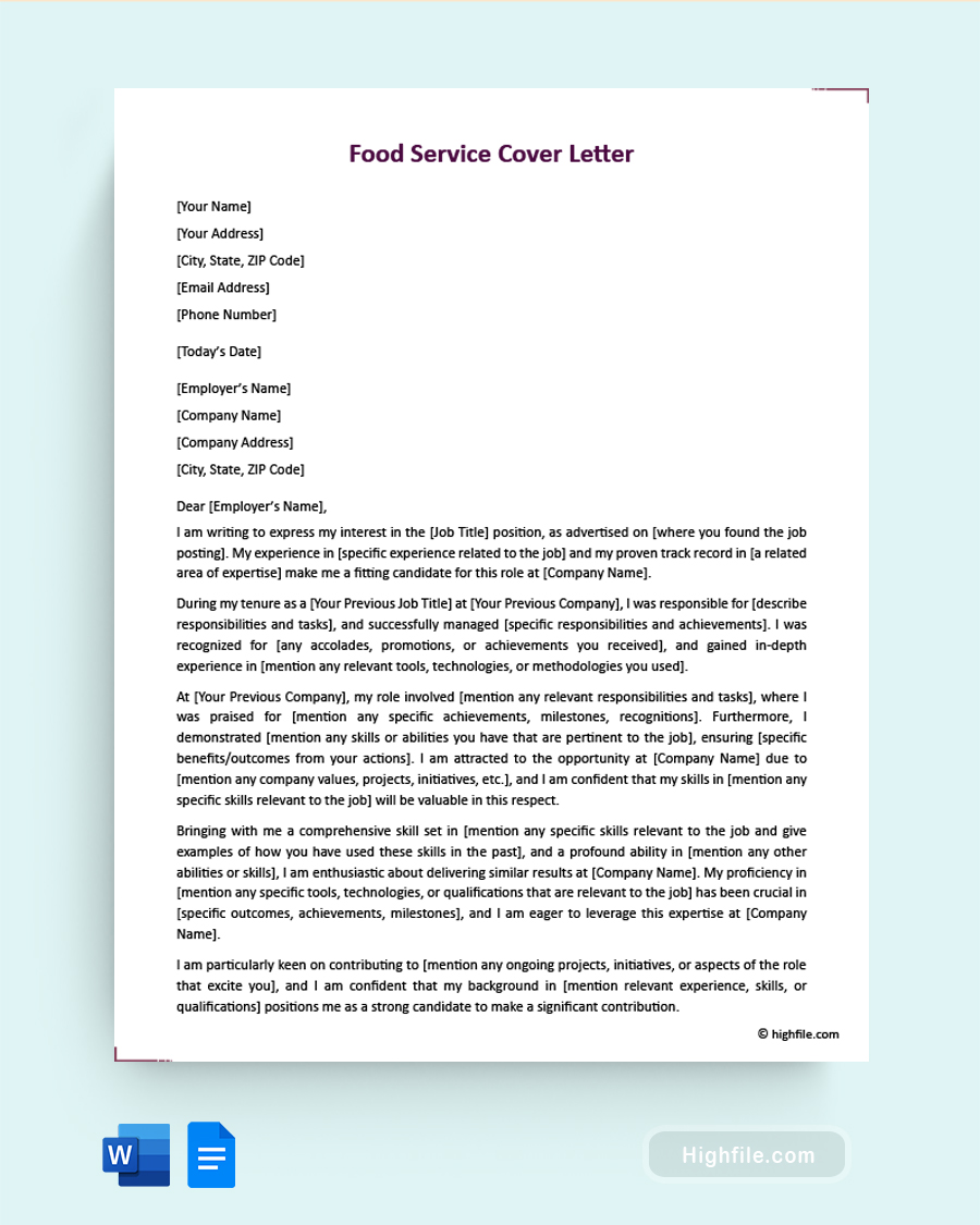 Food Service Cover Letter - Word, Google Docs