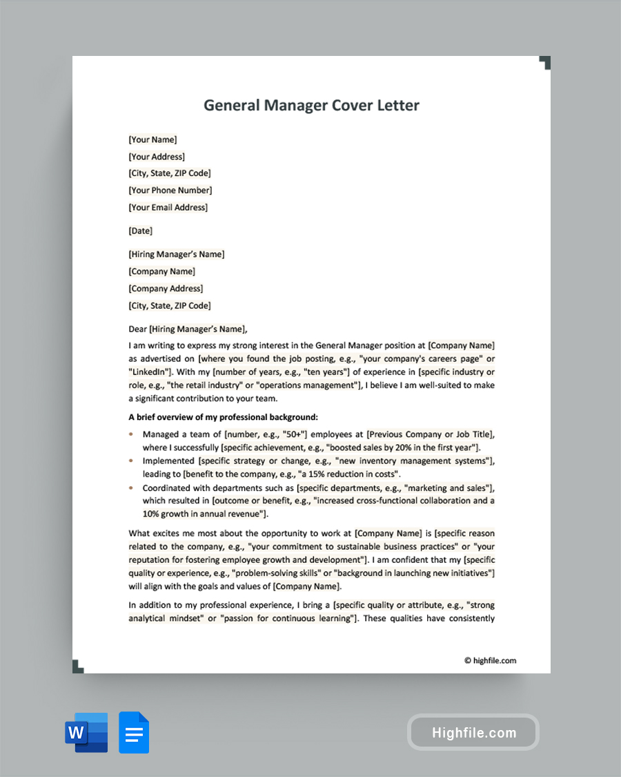 General Manager Cover Letter - Word, Google Docs