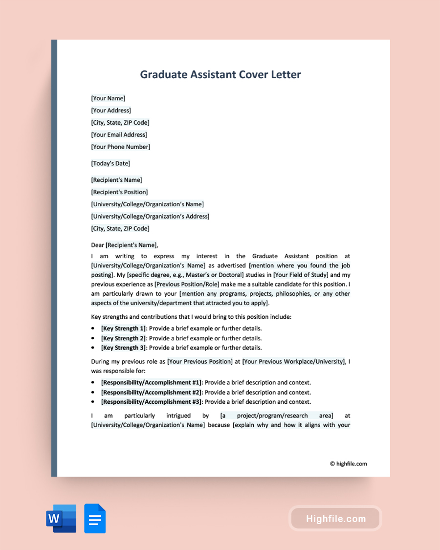 Graduate Assistant Cover Letter - Word, Google Docs