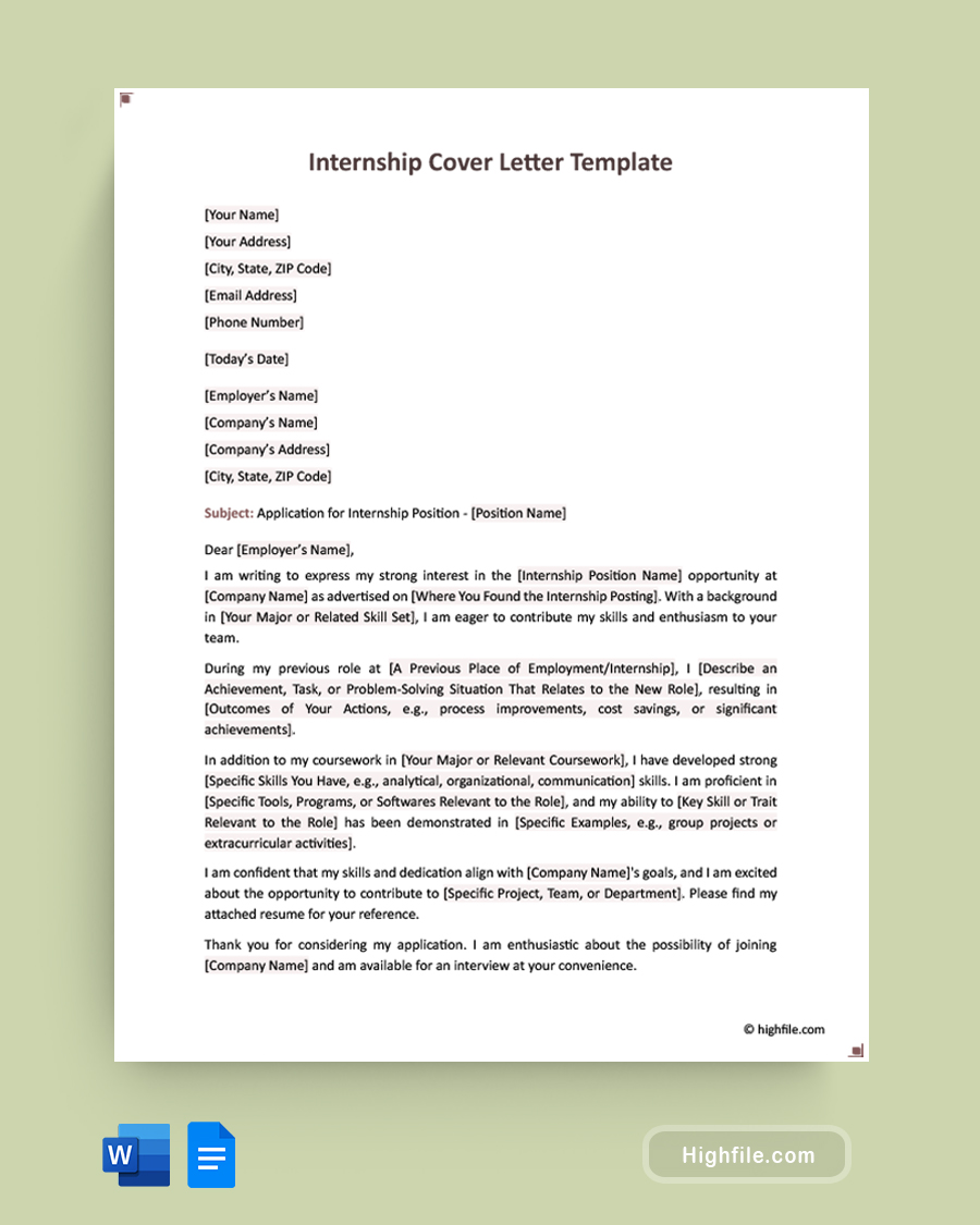 Internship Cover Letter Template - Word, Google Docs