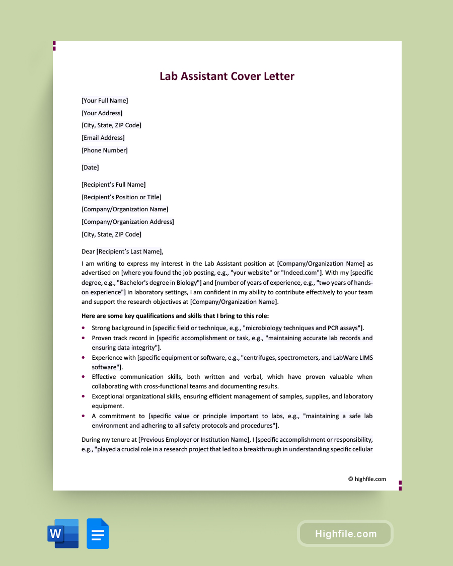 Lab Assistant Cover Letter - Word, Google Docs