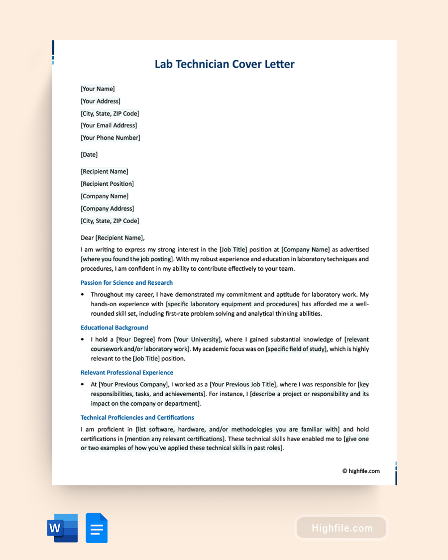 Lab Technician Cover Letter - Word, Google Docs