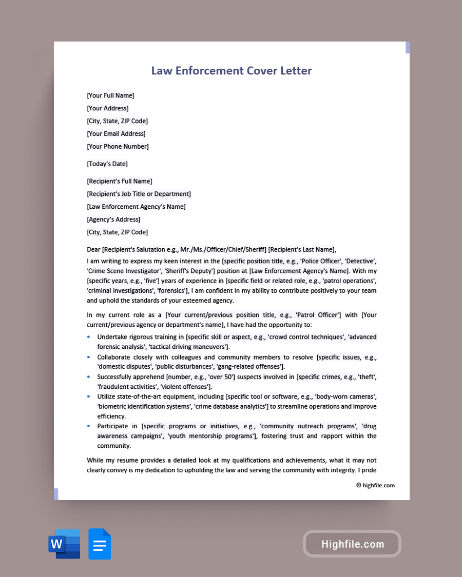 Law Enforcement Cover Letter - Word, Google Docs