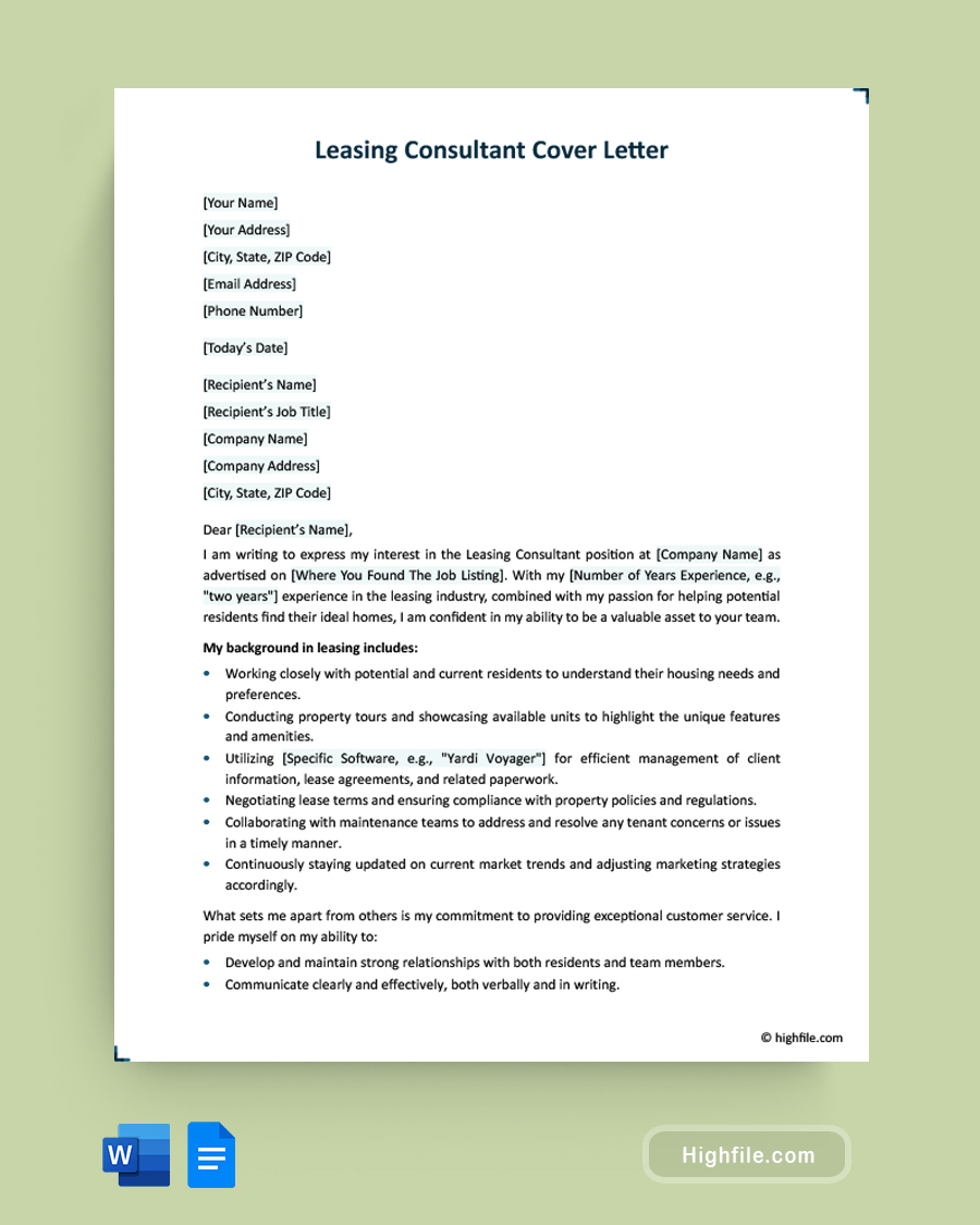 Leasing Consultant Cover Letter - Word, Google Docs