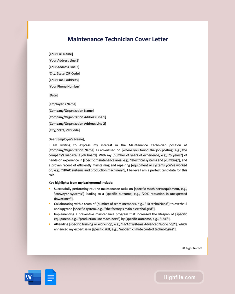 Maintenance Technician Cover Letter - Word, Google Docs