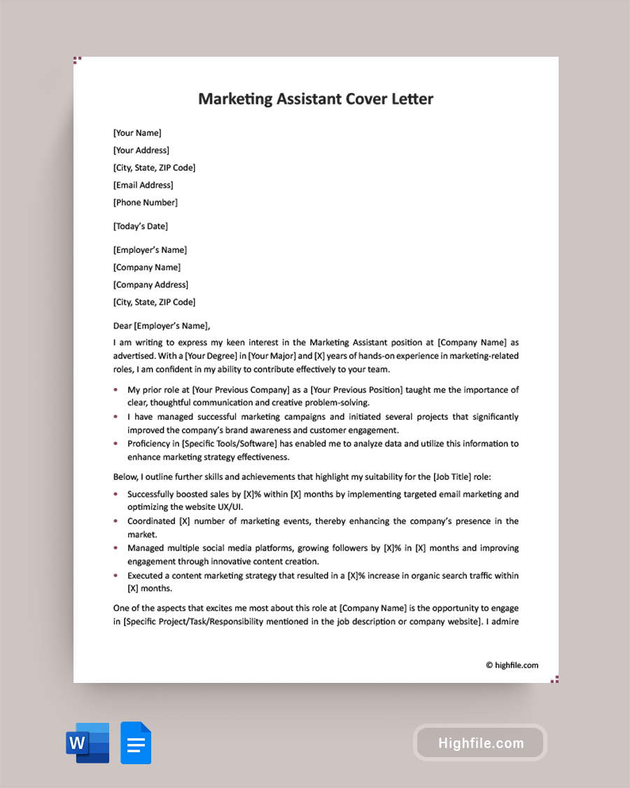 Marketing Assistant Cover Letter - Word, Google Docs