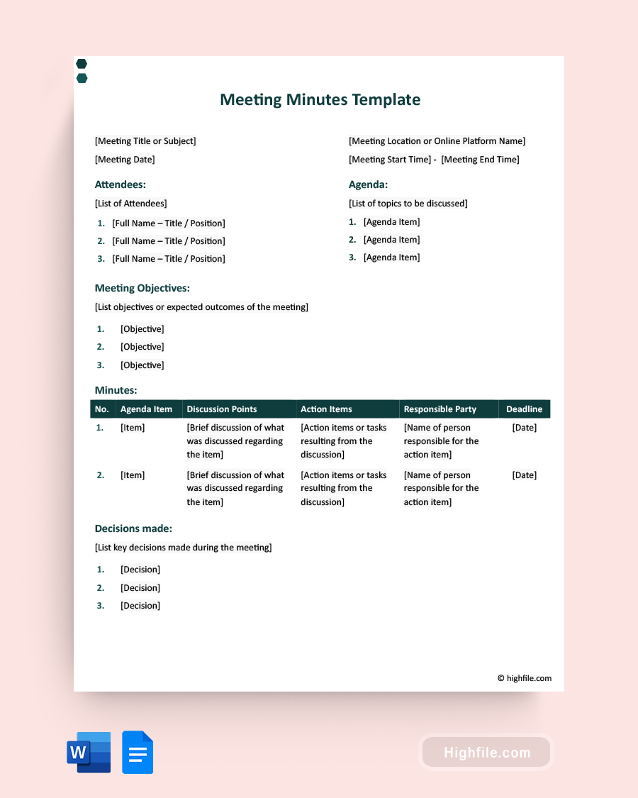Meeting Minutes Template - Word, Google Docs