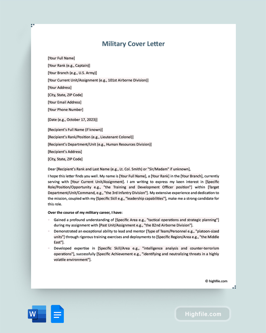 Military Cover Letter - Word, Google Docs