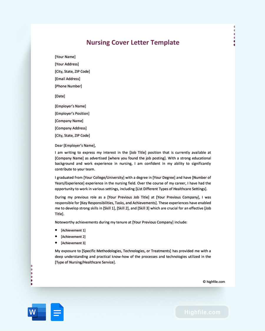 Nursing Cover Letter Template - Word, Google Docs
