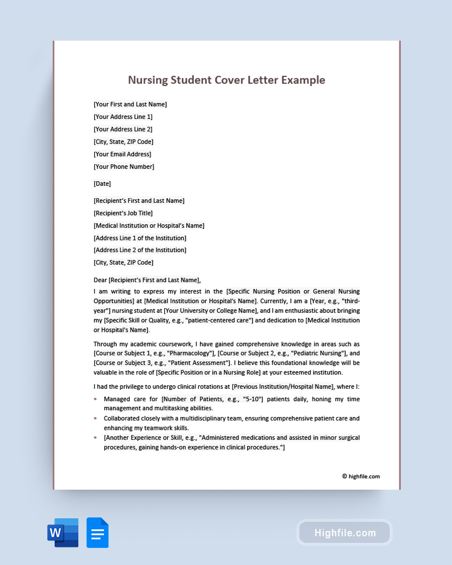 Nursing Student Cover Letter Example - Word, Google Docs