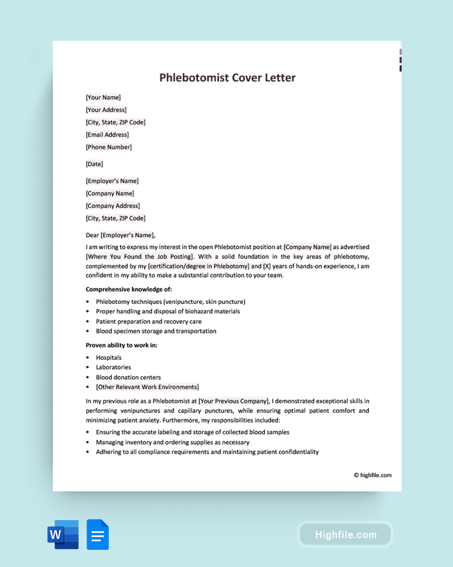 Phlebotomist Cover Letter - Word, Google Docs