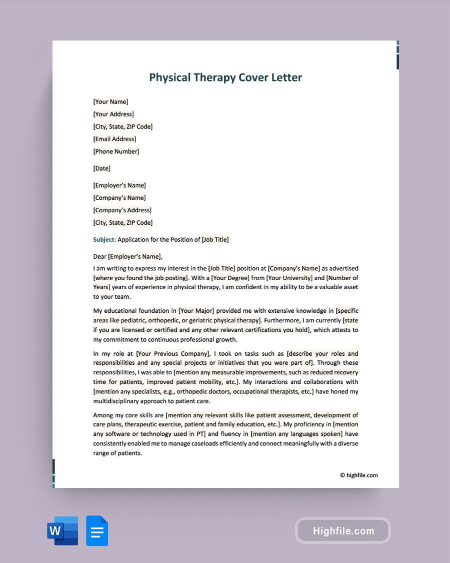 Physical Therapy Cover Letter - Word, Google Docs