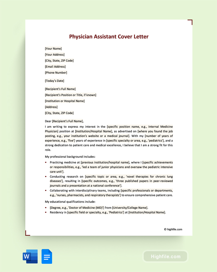 Physician Assistant Cover Letter - Word, Google Docs