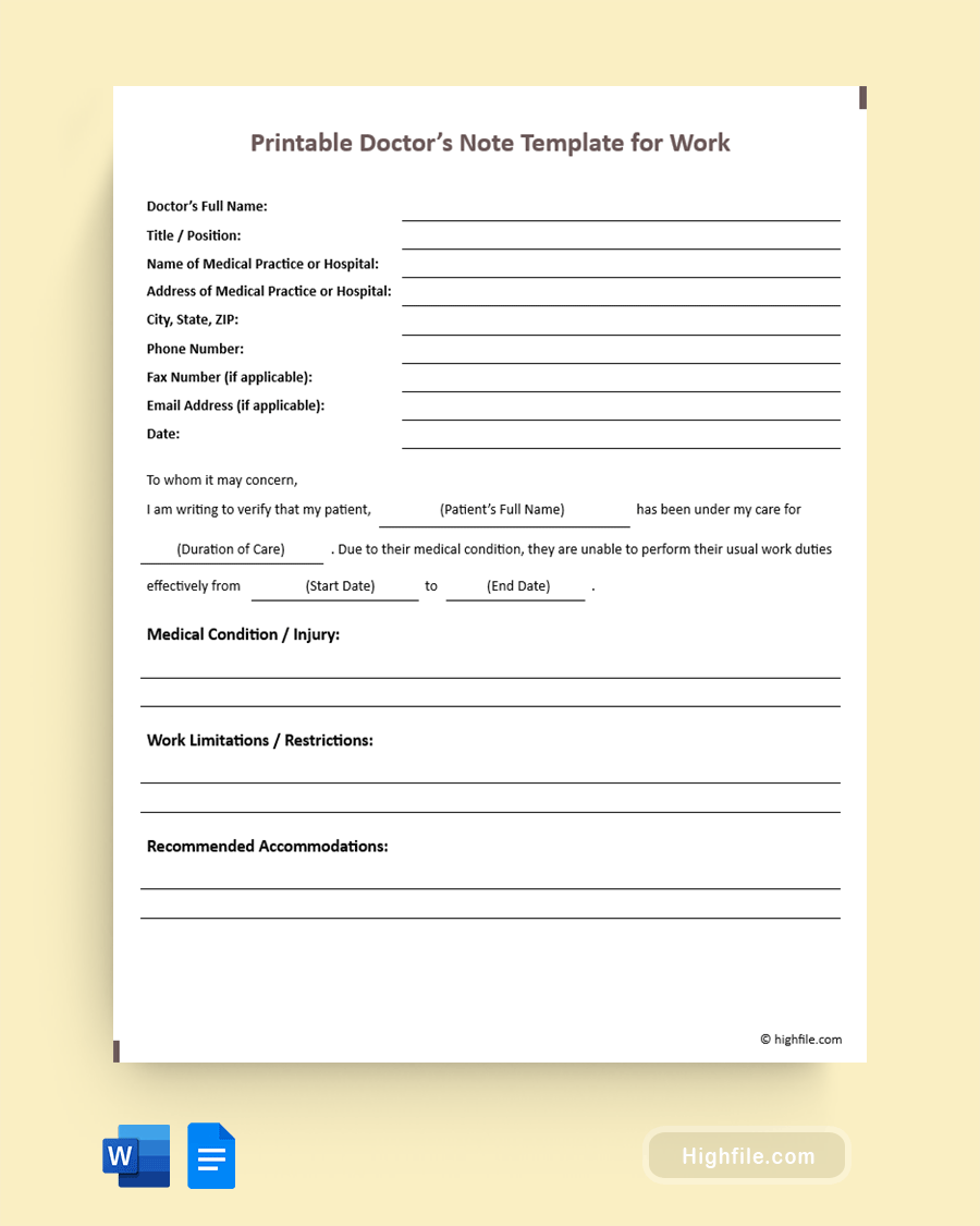 Printable Doctor’s Note Template for Work - Word, Google Docs