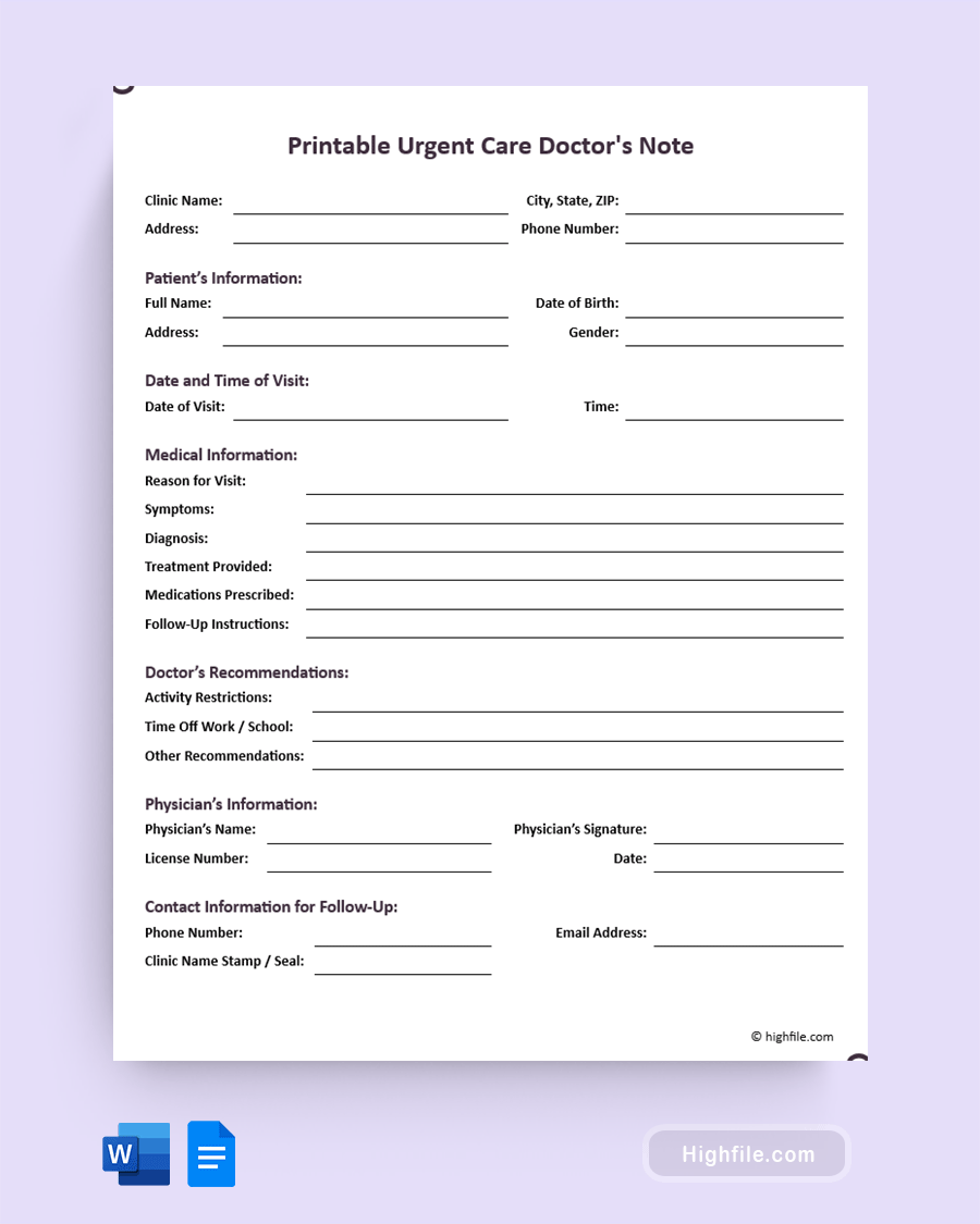 Printable Urgent Care Doctor's Note - Word, Google Docs