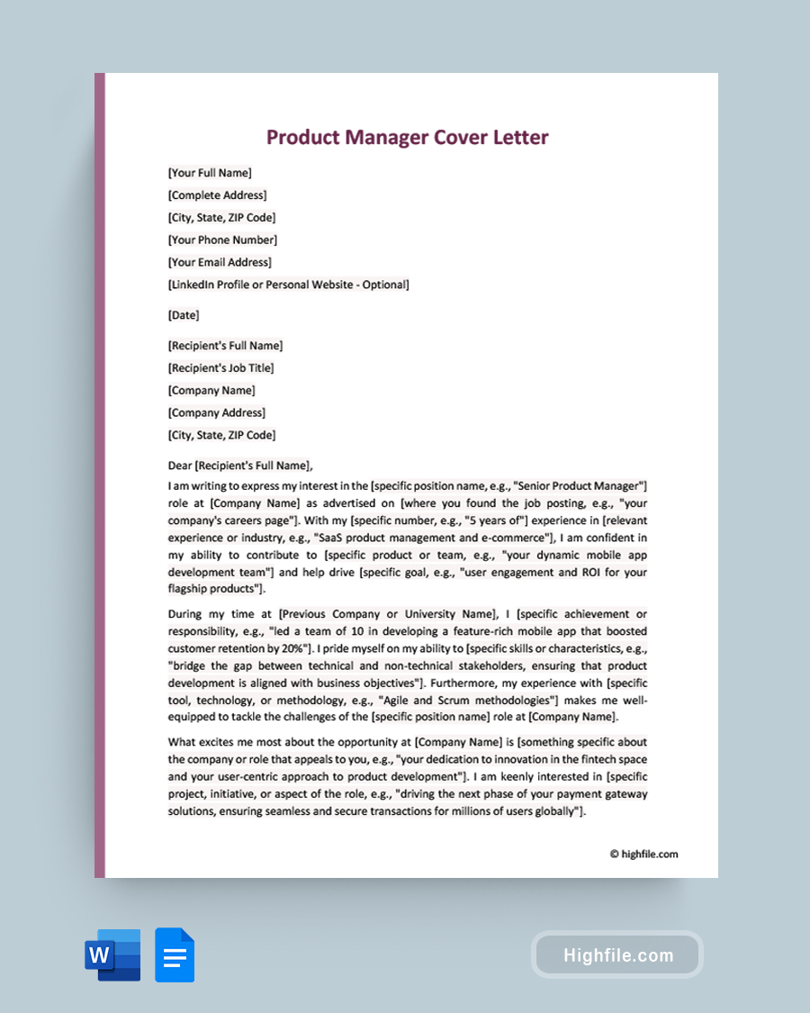 Product Manager Cover Letter - Word, Google Docs