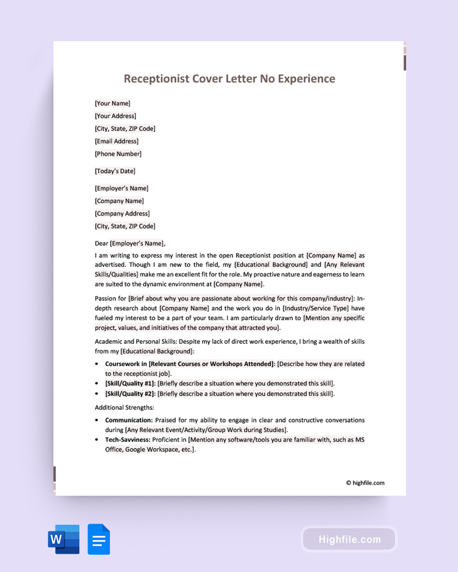 Receptionist Cover Letter No Experience - Word, Google Docs