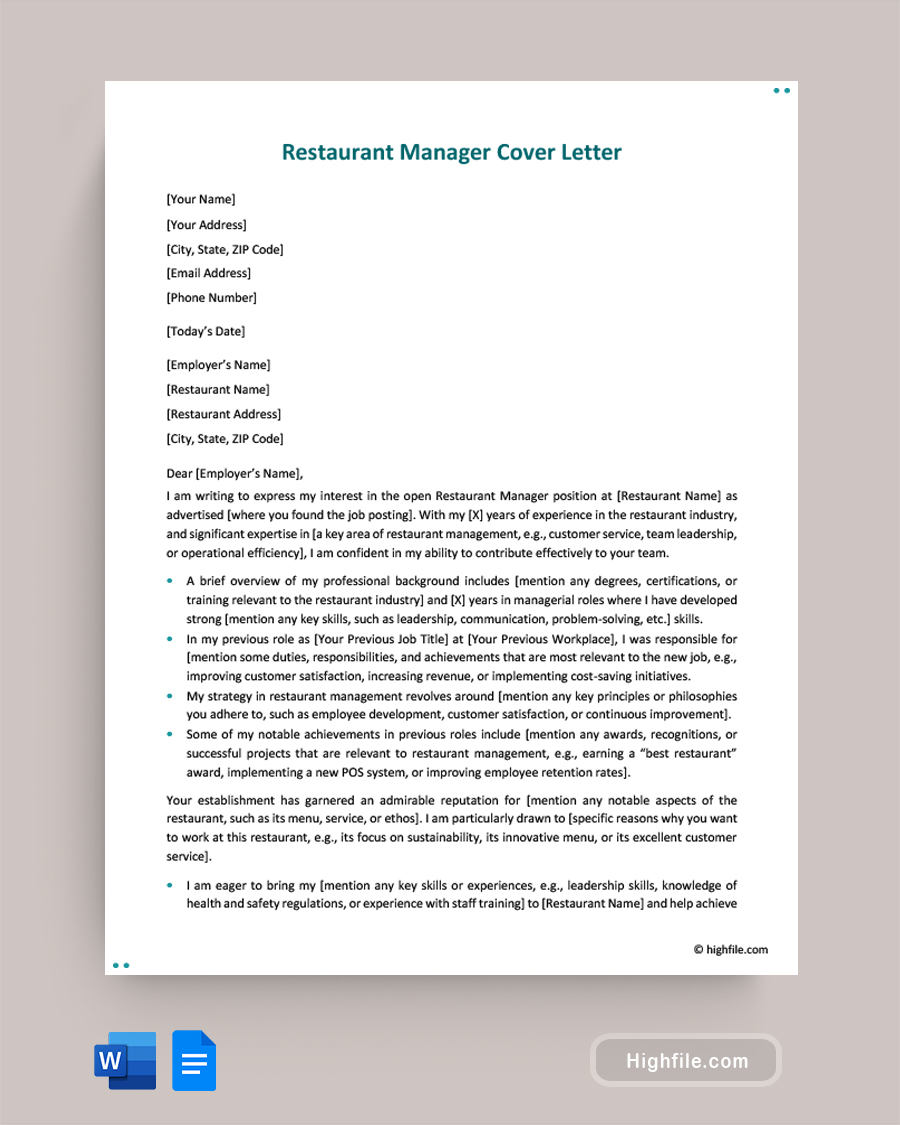 Restaurant Manager Cover Letter - Word, Google Docs