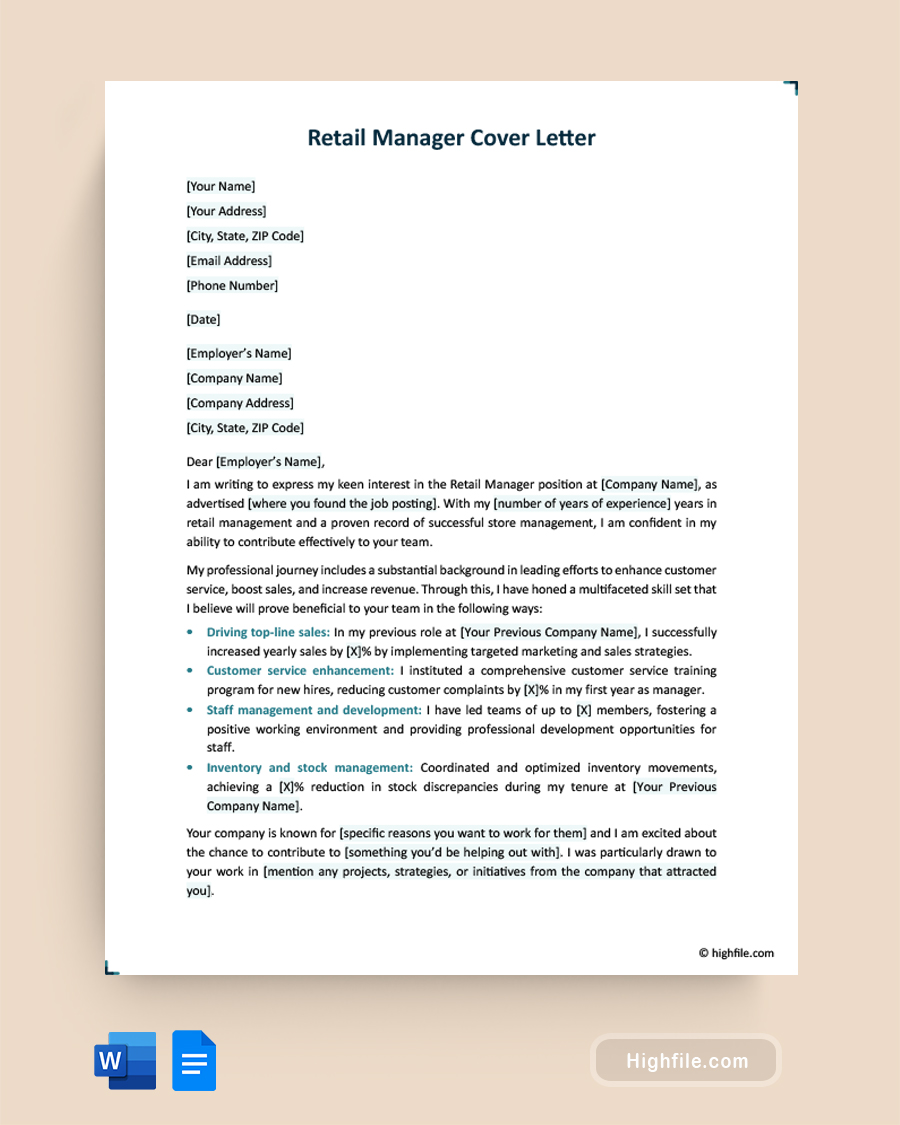 Retail Manager Cover Letter - Word, Google Docs