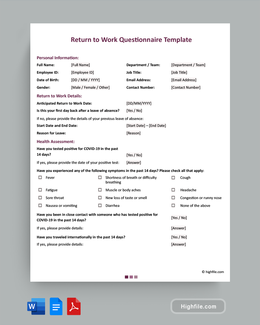 Return to Work Questionnaire Template - Word, PDF, Google Docs