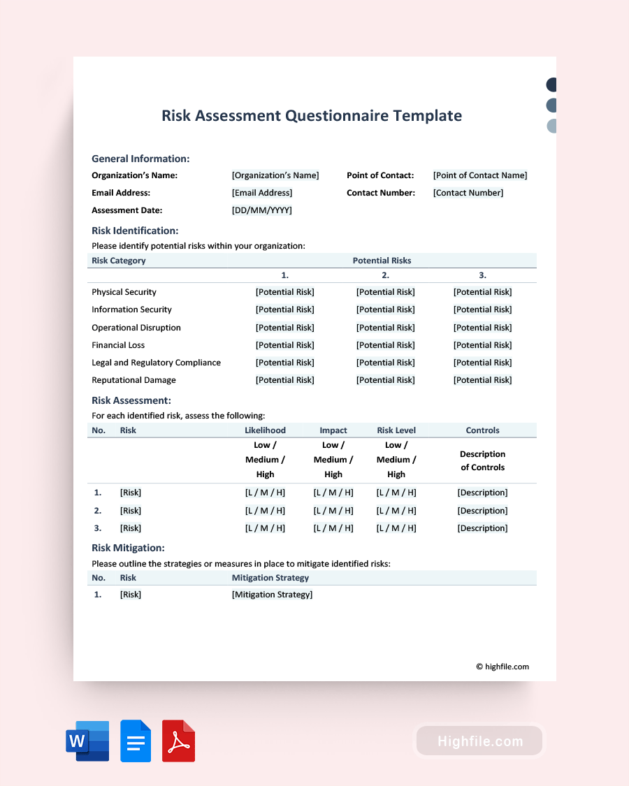 Risk Assessment Questionnaire Template - Word, PDF, Google Docs