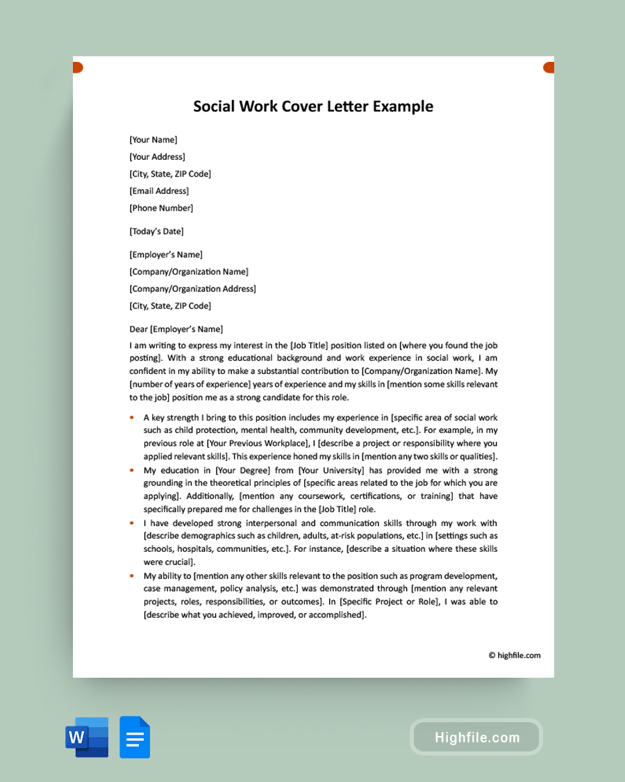 Social Work Cover Letter Example - Word, Google Docs
