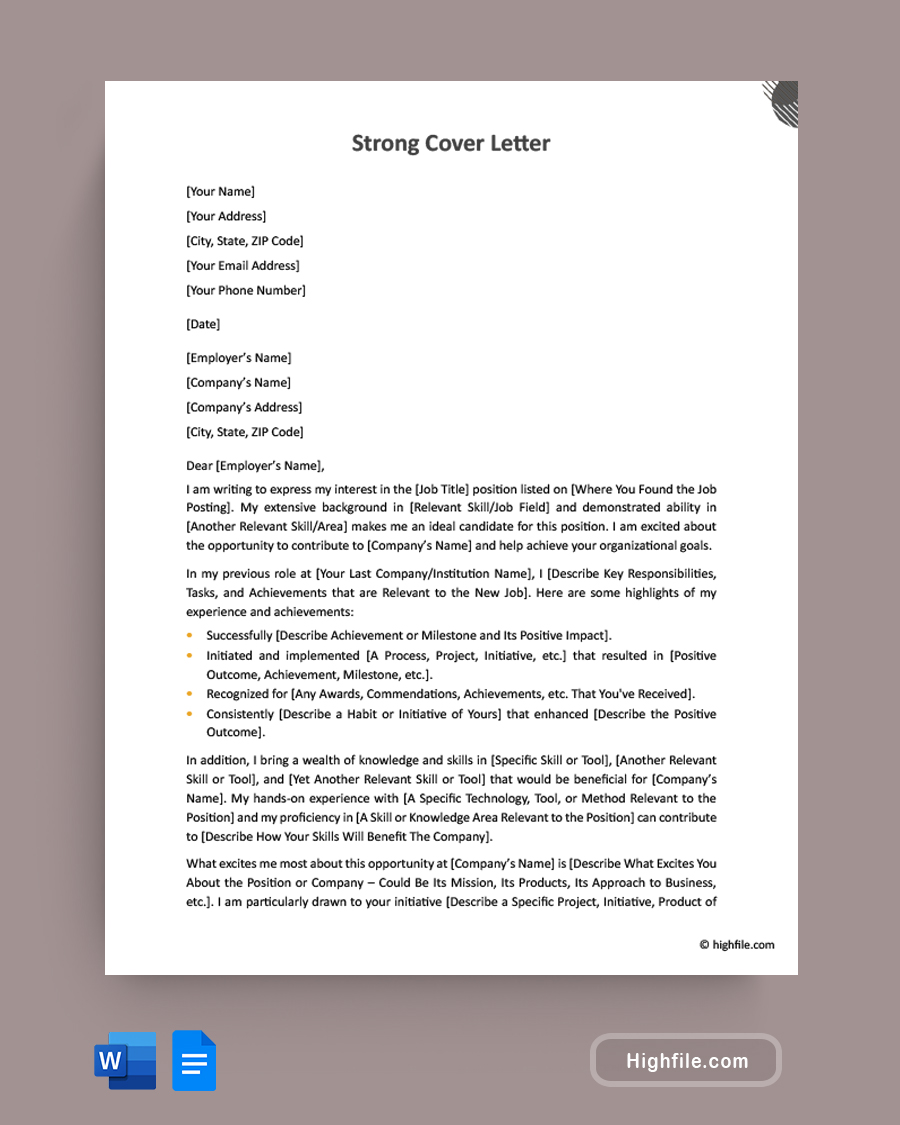 Strong Cover Letter - Word, Google Docs