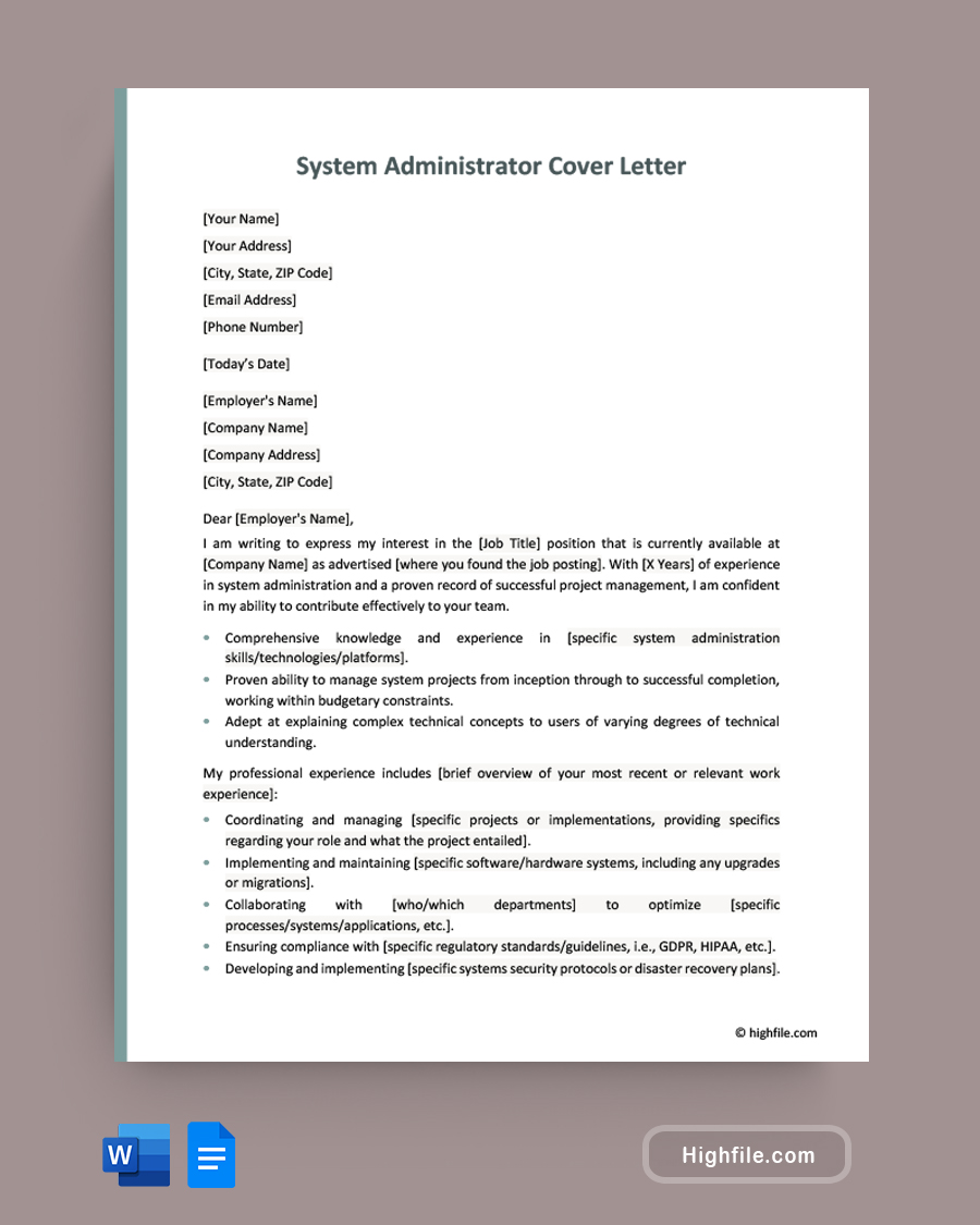 System Administrator Cover Letter - Word, Google Docs