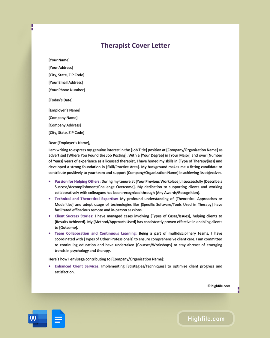 Therapist Cover Letter - Word, Google Docs