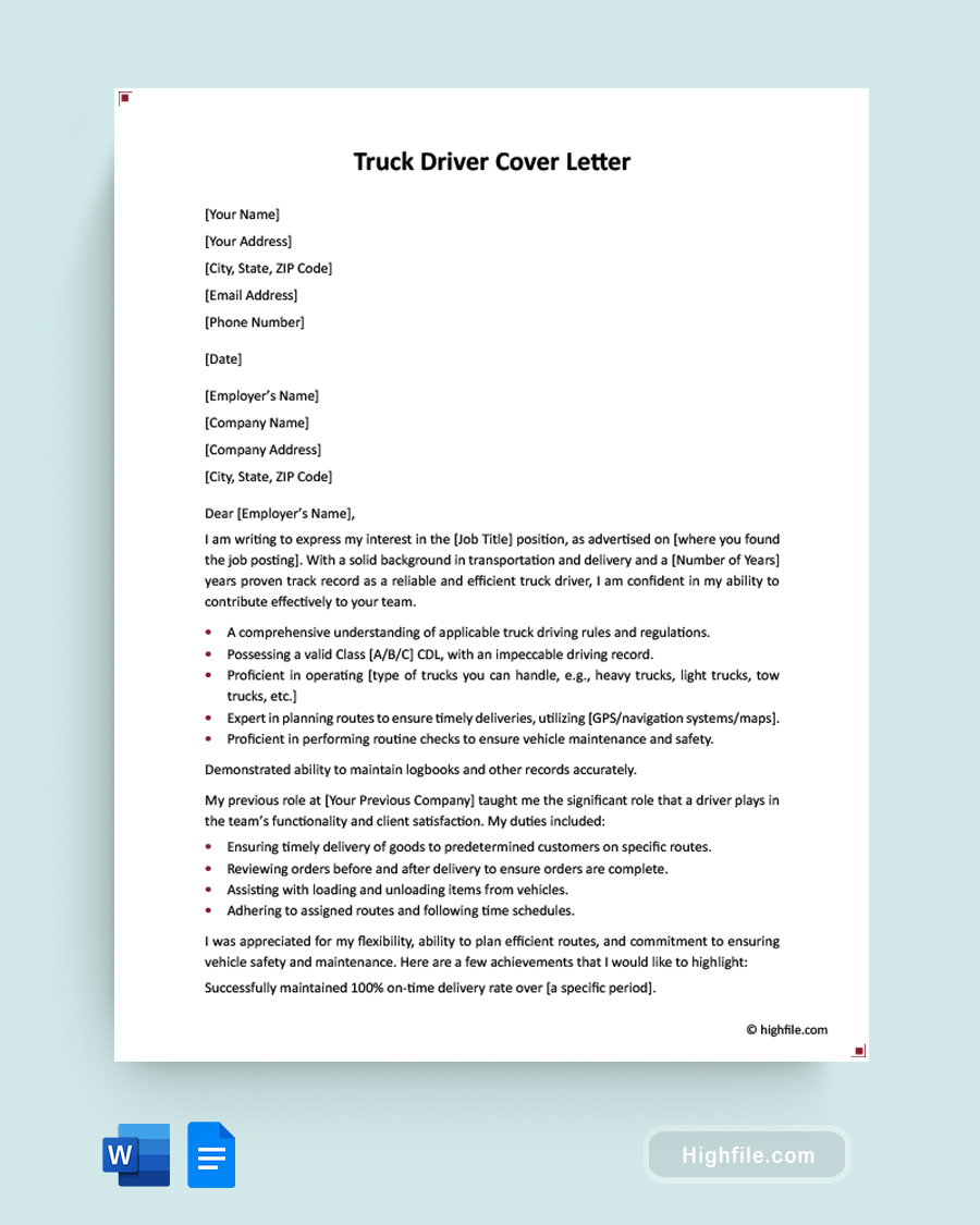 Truck Driver Cover Letter - Word, Google Docs