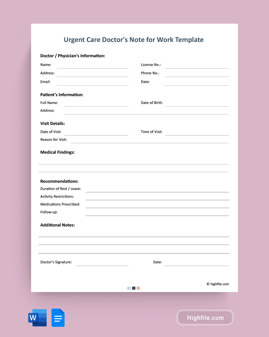 Urgent Care Doctor's Note for Work Template - Word, Google Docs