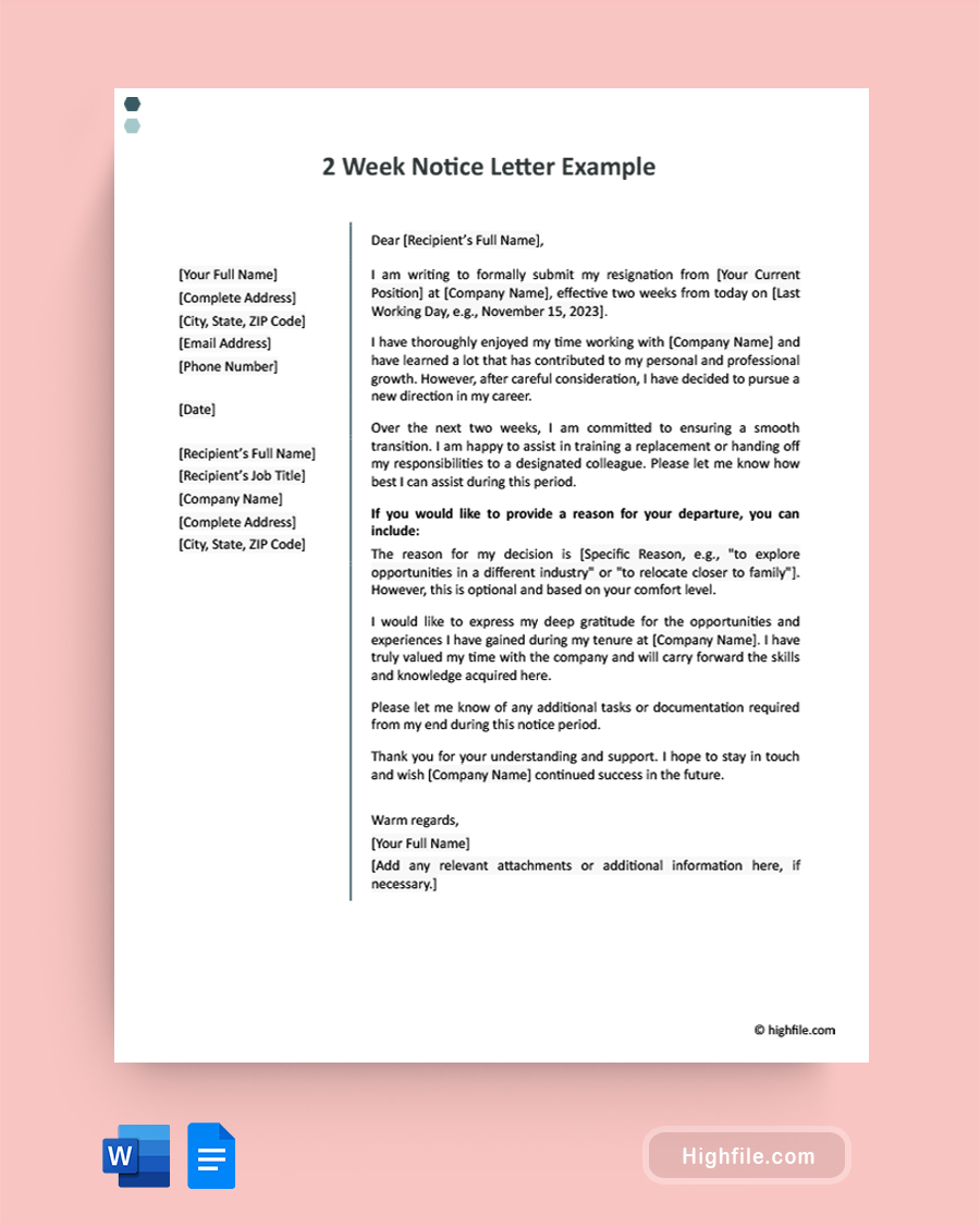 2 Week Notice Letter Example - Word, Google Docs