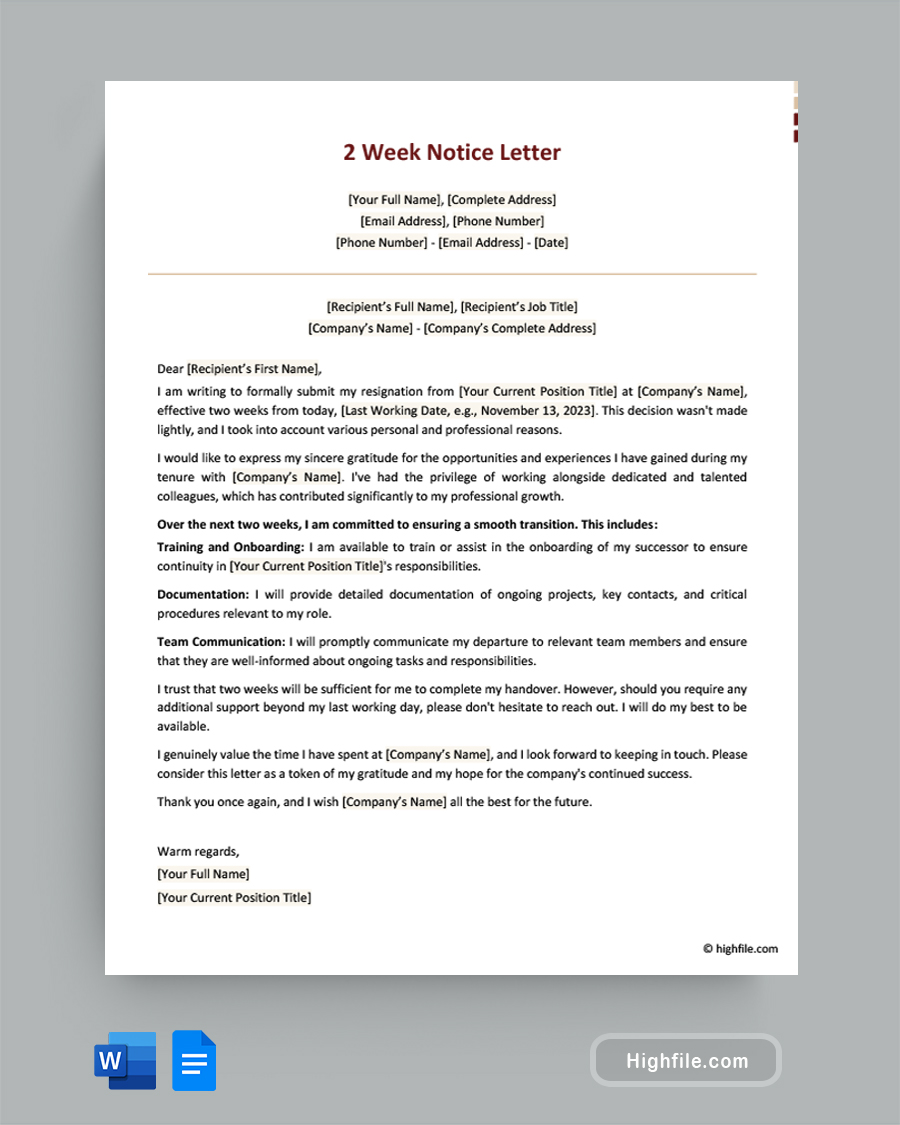 2 Week Notice Letter - Word, Google Docs
